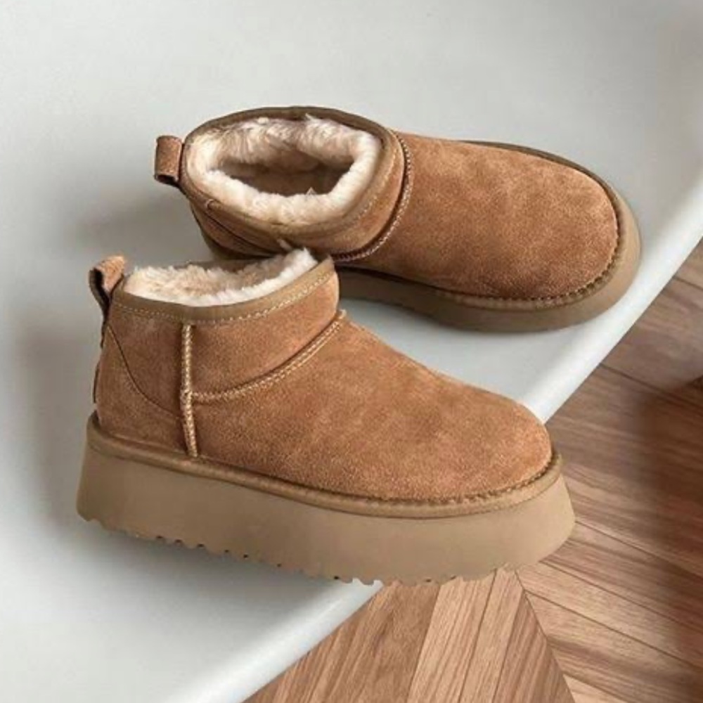 PUMPKIN PLATFORM SOLE FAUX FUR LINING ULTRA MINI ANKLE BOOT BROWN FAUX SUEDE